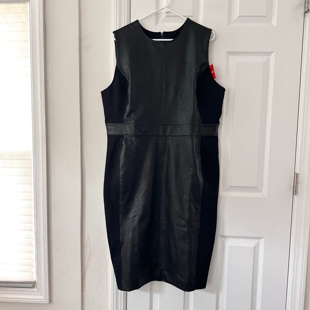 Spanx Black Leather Like Combo Sheath Dress NWT New 1X Plus Control Top 20393R